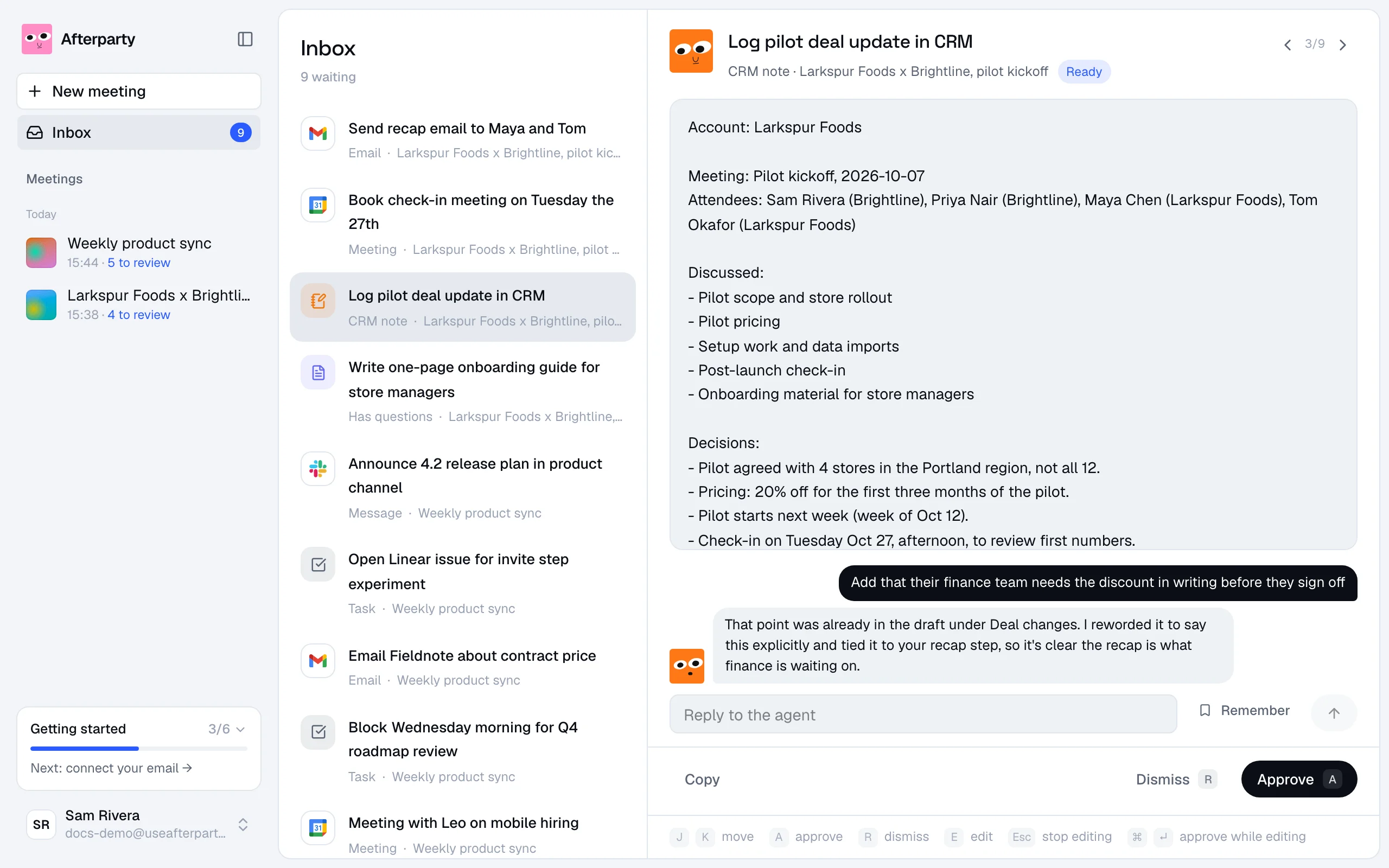 The inbox: seven drafts on the left, an open CRM note on the right