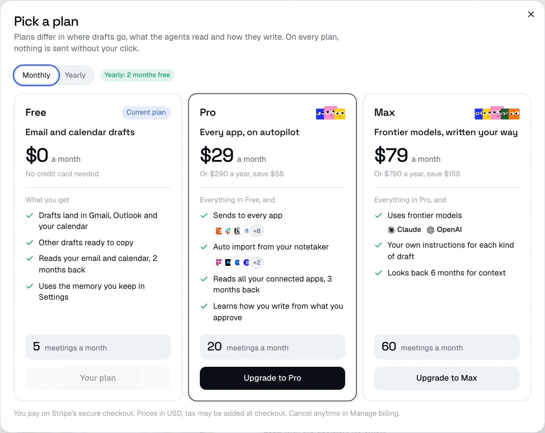 Pick a plan: Free, Pro and Max, monthly or yearly
