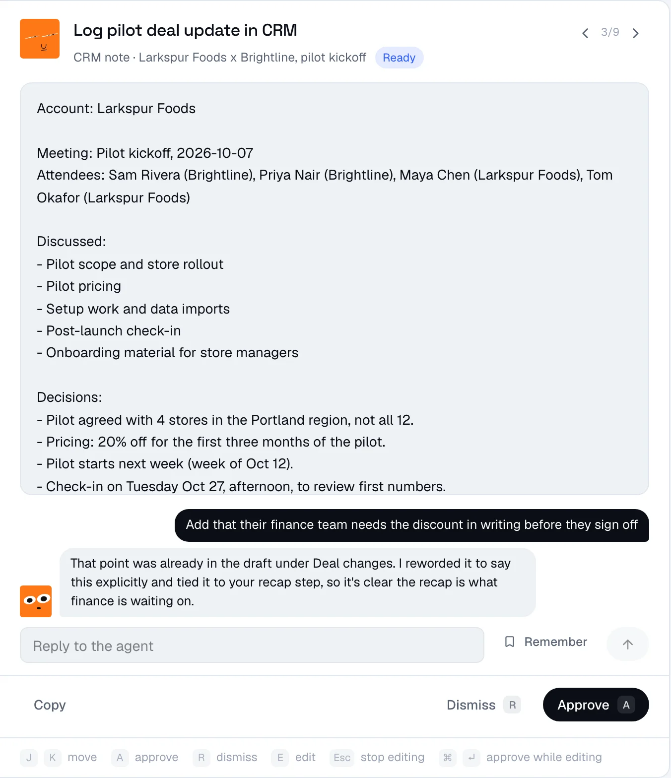 A CRM note draft with the field to ask the agent for a change