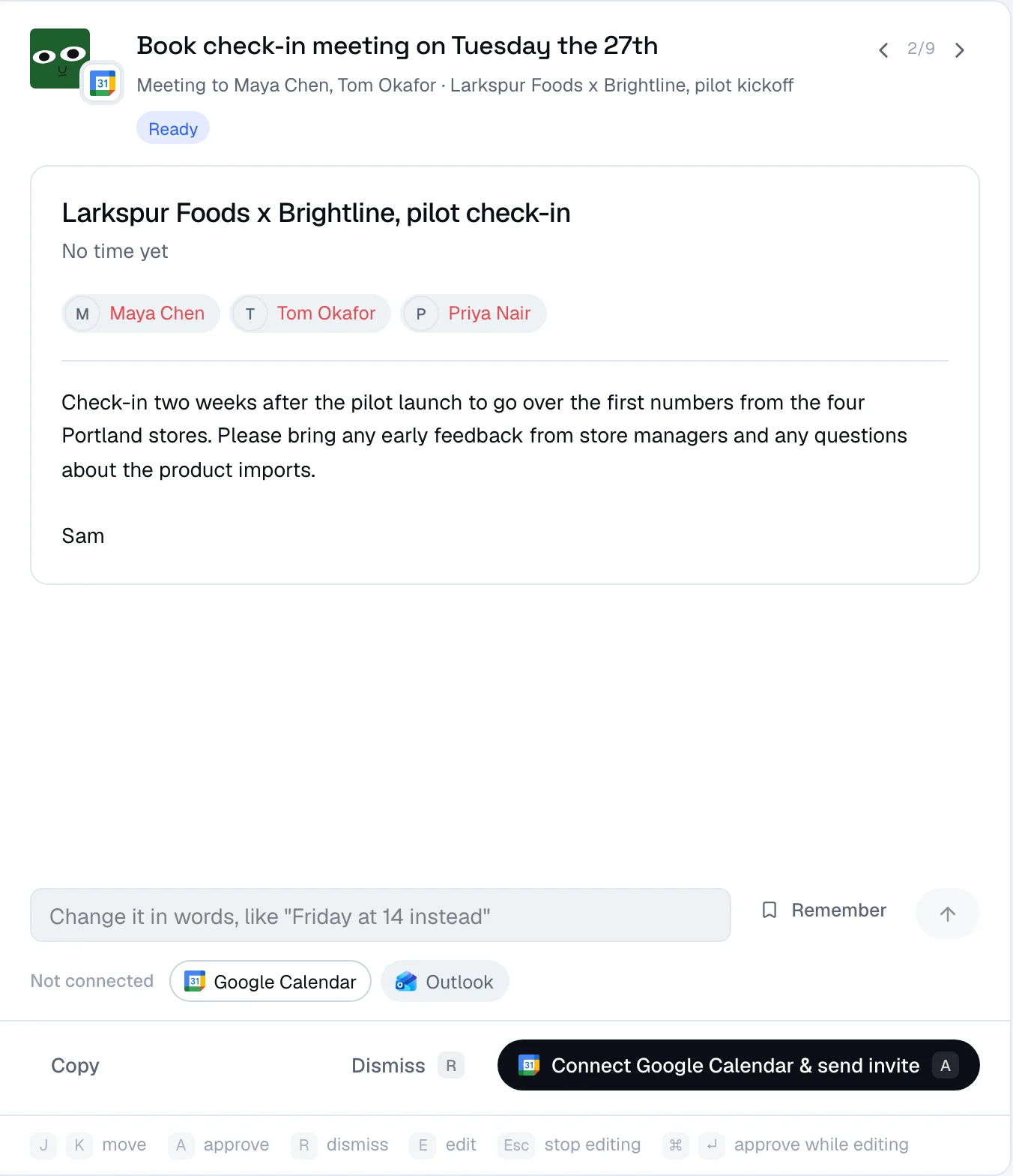 A meeting invite draft for a pilot check-in with three attendees