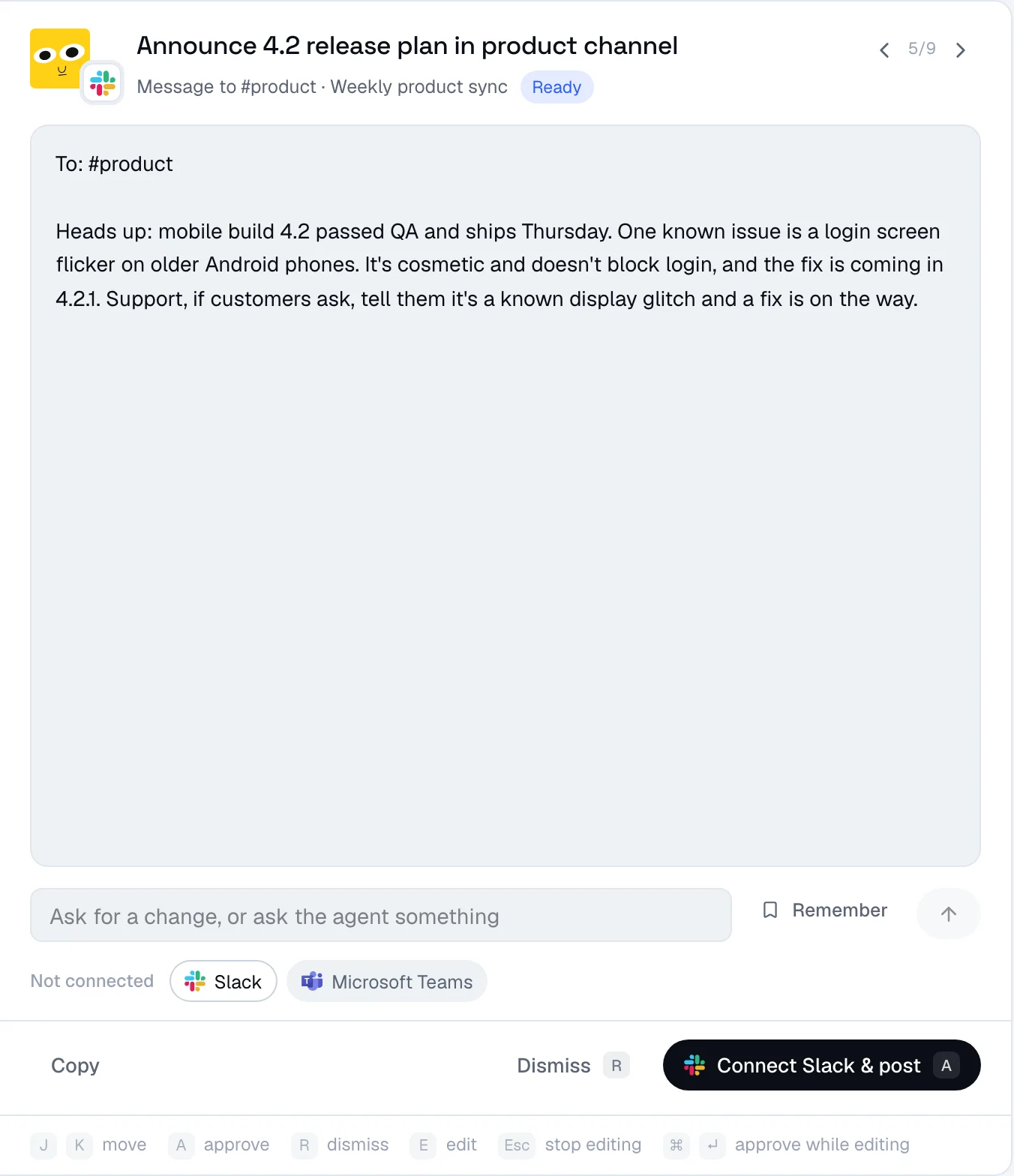 A Slack message draft to the product channel with the Connect Slack and post button