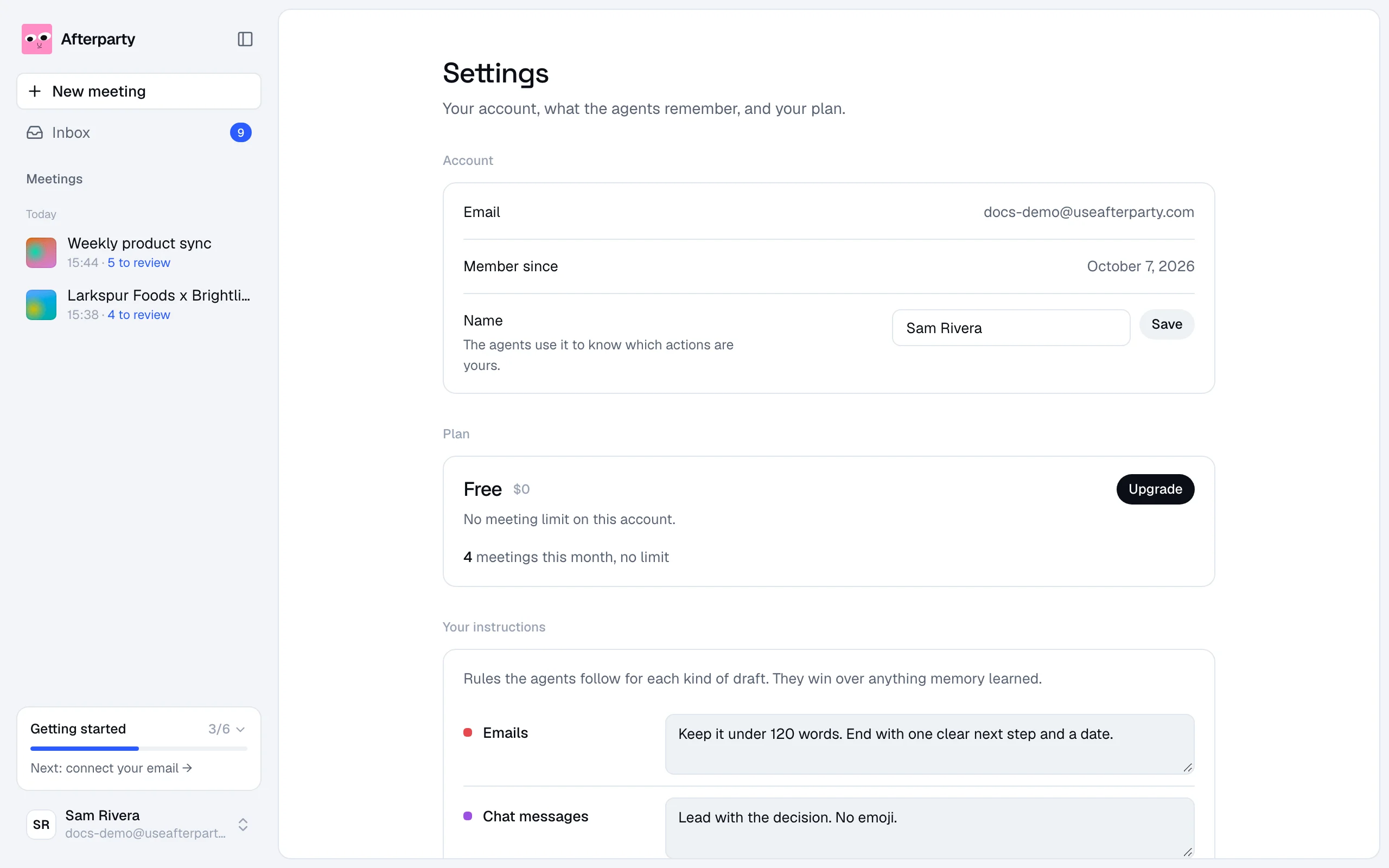 Settings: email, member since, name and plan