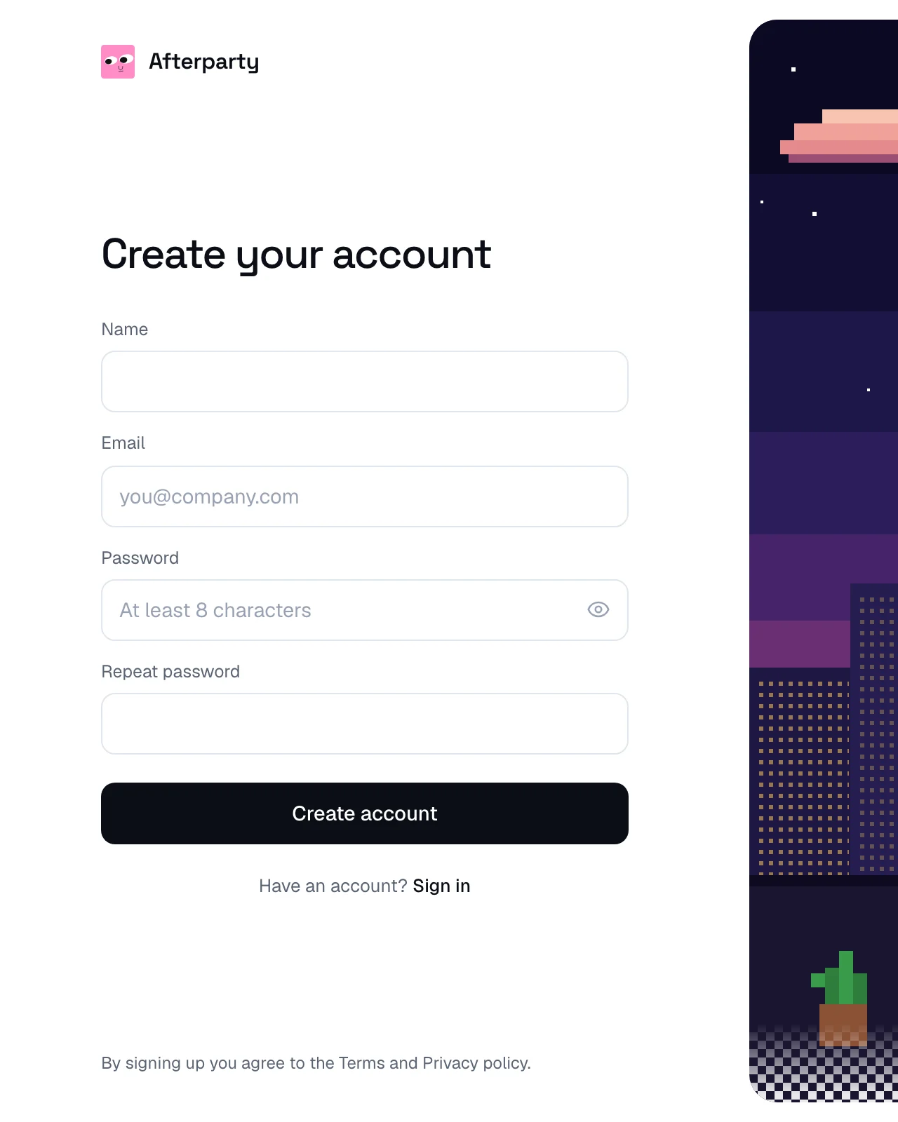 The sign up page with fields for name, email and password